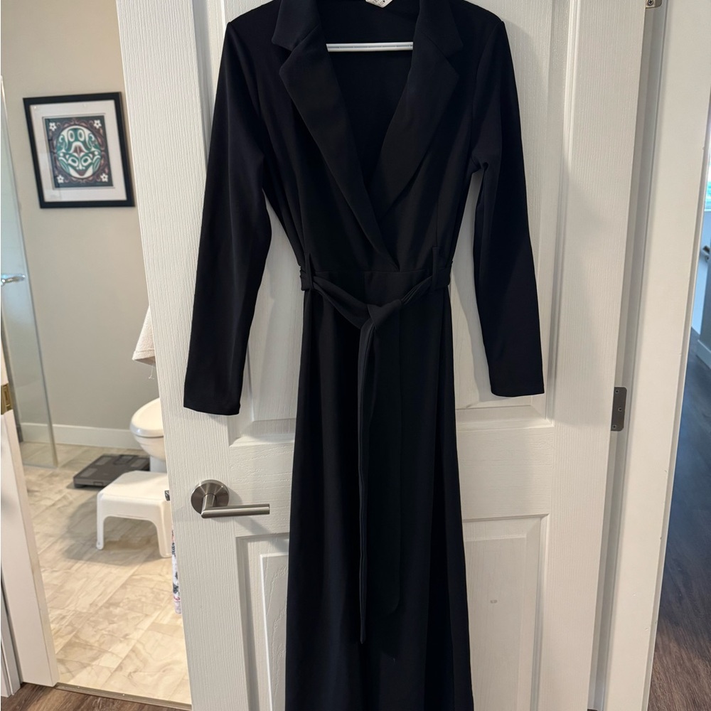 Halara Notched Collar Long Sleeve Belted Jumpsuit